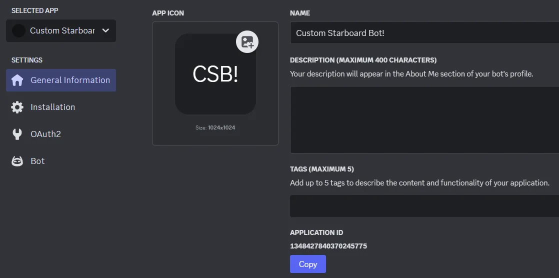 How to copy the bot's application ID.