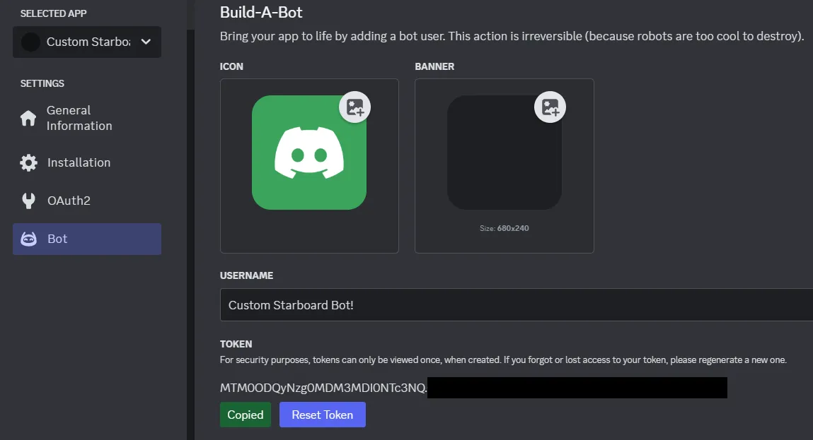 How to copy the bot's token.