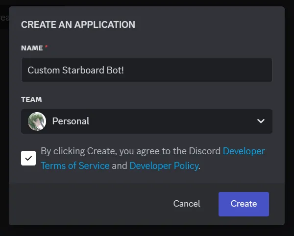 Discord's Application Creation flow.
